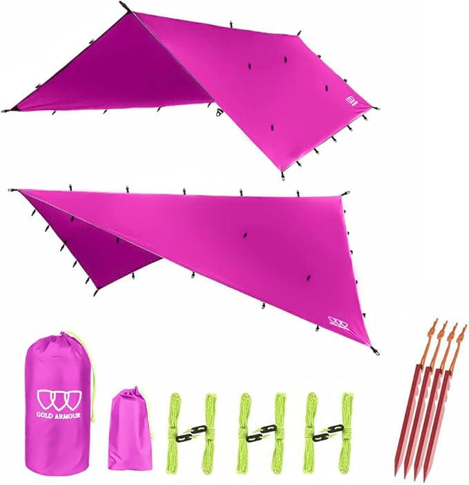 Gold Armour Rainfly Tarp Hammock, Premium 14.7ft/12ft/10ft/8ft Rain Fly Cover, Waterproof Ultralight Camping Shelter Canopy, Survival Equipment Gear Tent Accessories (Pink 12ft x 10ft)