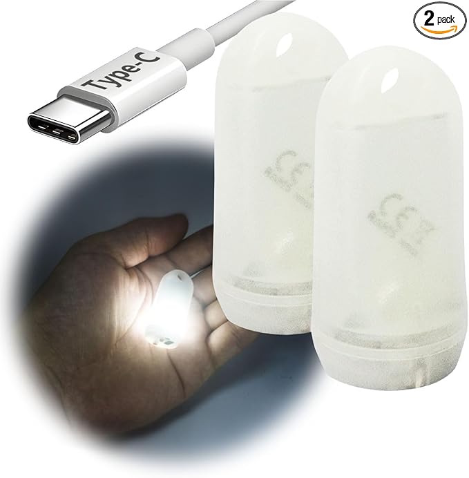 USB Mini LED Lantern, 2 Pack Waterproof EDC Keychain LED Flashlight for Camping, Type-C Rechargeable Battery Small Stick Lamp Puck Dog Collar Torch Light (White Luminous+Red)