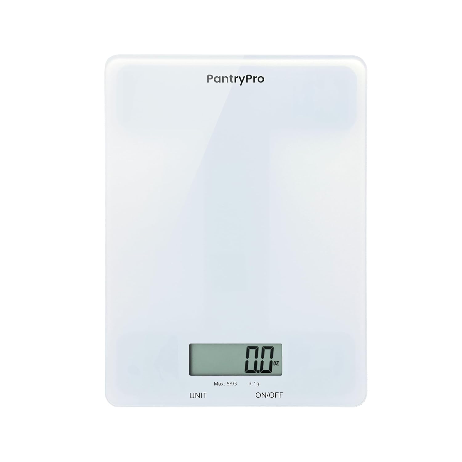 PantryPro Glass Platform Digital Kitchen Scale - 11lbs / 5kg Capacity - LCD Display g kg oz lb fl.oz ml - CR2032 Battery Included - White
