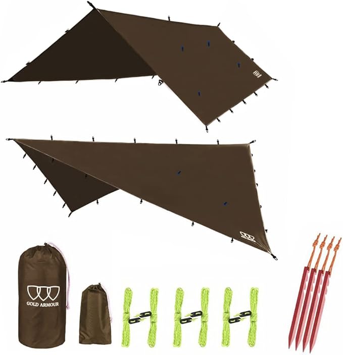 Gold Armour Rainfly Tarp Hammock, Premium 14.7ft/12ft/10ft/8ft Rain Fly Cover, Waterproof Ultralight Camping Shelter Canopy, Survival Equipment Gear Camping Tent Accessories (Brown 14.7ft x 12ft)
