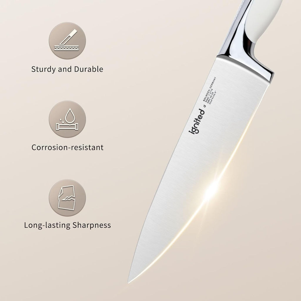 8 inch Mirror Polished Chef Knife, German 1.4116 High Carbon Stainless Steel Chefs Knife with White ABS & Stainless Steel Handle, Razor Sharp Kitchen Knife for Home & Restaurant