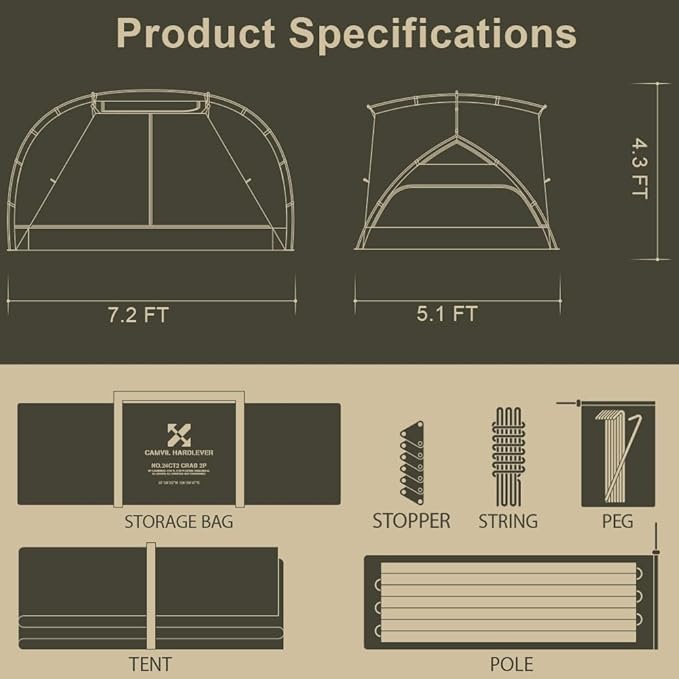 Crab 2 Person Double Layer Black Canvas Cotton Tent, Portable Breathable Easy Set Up Backpacking Tent
