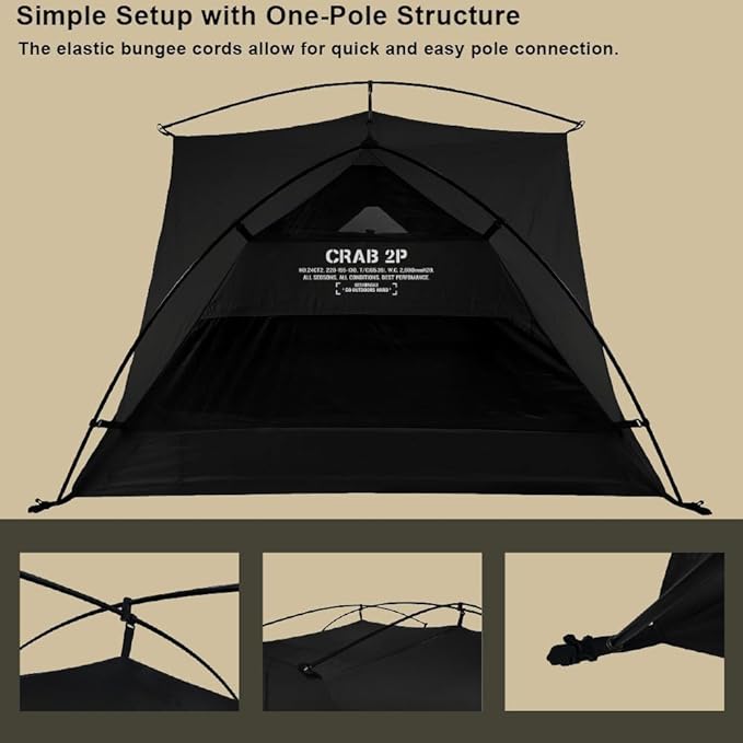 Crab 2 Person Double Layer Black Canvas Cotton Tent, Portable Breathable Easy Set Up Backpacking Tent