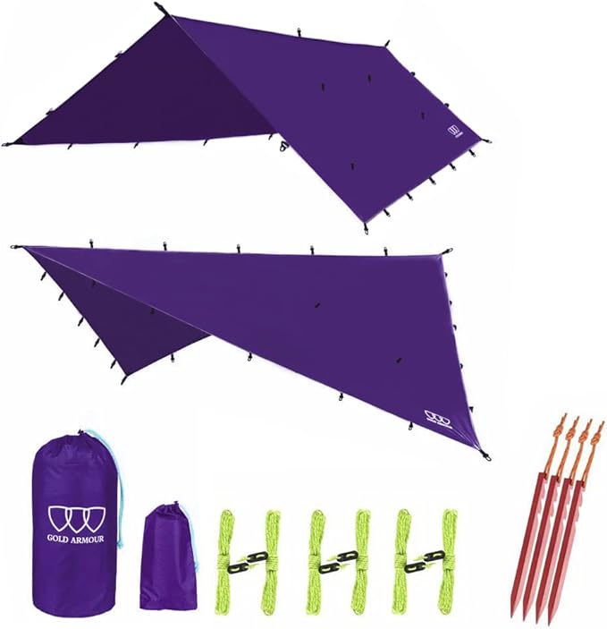 Gold Armour Rainfly Tarp Hammock, Premium 14.7ft/12ft/10ft/8ft Rain Fly Cover, Waterproof Ultralight Camping Shelter Canopy, Survival Equipment Gear Camping Tent Accessories (Purple 12ft x 10ft)