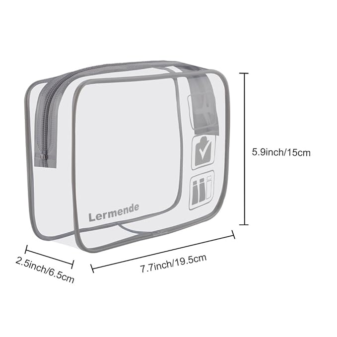 Lermende 2pcs Clear Toiletry Bag TSA Approved Travel Bag,Carry On for Travel,Airport Airline Accessories Compliant Bag,Quart Sized Makeup Cosmetic bag Women Men (Gray, 2 Pack)