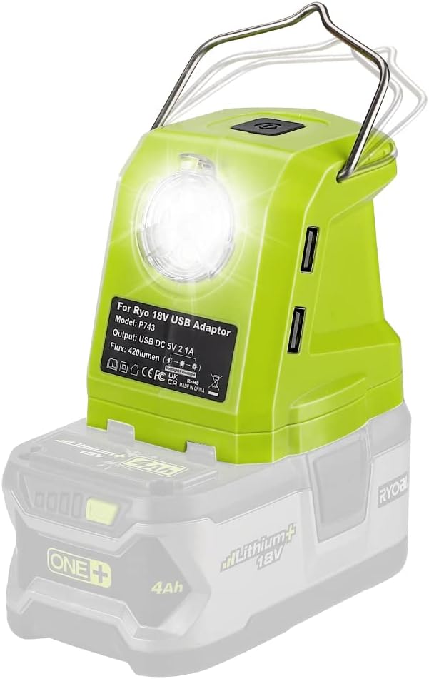Portable Flashlight for Ryobi 18v Battery, 420lm LED Work Light with 2 USB Ports, 3 Light Modes and Foldable Hang Hook, Worklight Outdoor Camping Lantern for Emergency