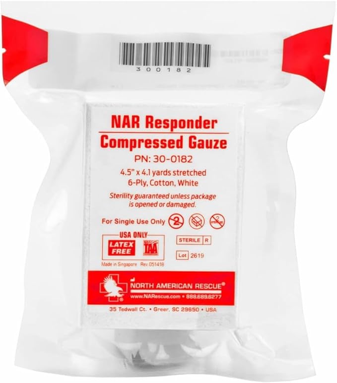 North American Rescue Individual Aid Kit NAR Compact First Aid with Compressed Gauze, Petrolatum Gauze, ETD, Gloves, Surgical Tape (85-0404)