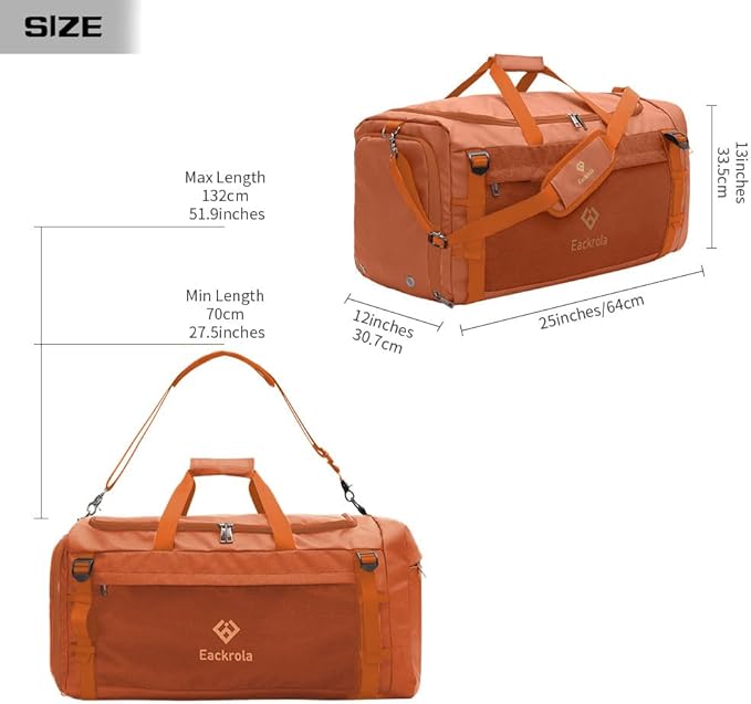 Eackrola Large Sports Gym Bag, Travel Duffel bag with Wet Pocket & Shoes Compartment for men women, 65L, Lightweight（Orange）