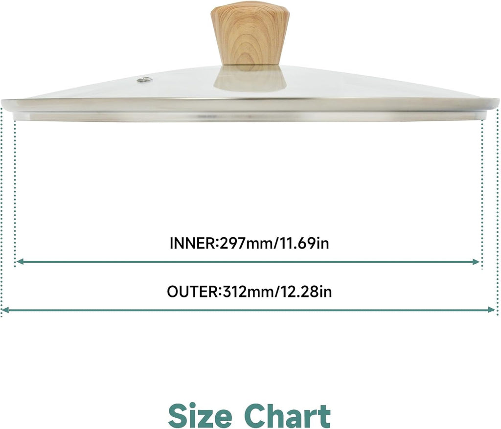 12 IN Glass Lid for Frying Pan and Pots, Tempered Replacement Cover with Wooden Handle Compatible for All Cookware for Skillets, Round Cast Iron, Cast Aluminium, Stainless Steel Pans & Pots