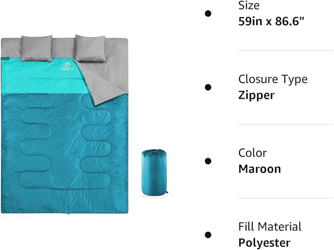 oaskys Double Sleeping Bag for Adults with 2 Pillows - Queen Size XL Waterproof Sleeping Bag for All Season Camping Hiking Backpacking 2 Person Sleeping Bags for Cold Weather & Warm