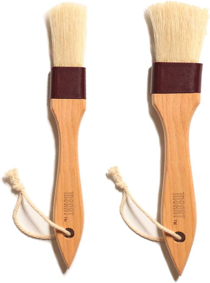 Pastry Brush Natural Bristle Wooden, MSART Basting/Food Brush, with Beech Wood Handle and Rope Hook, Great for Butter, Cookies, Oil, Bread, Frosting. Easy to Clean (1 inch & 1.5 inch set)