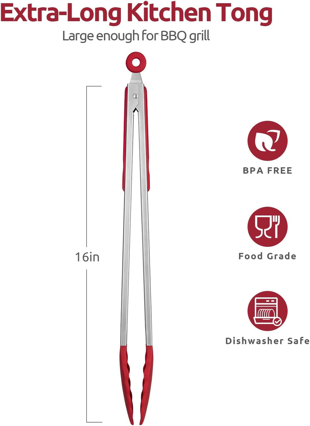 600ºF Heat Resistant Kitchen Tongs: U-Taste 16 inch Extra Long Large Silicone Cooking Tong with Sturdy Non Stick Rubber Tips & Non Slip Silicon Coated 18/8 Stainless Steel Handle for Grilling BBQ(Red)