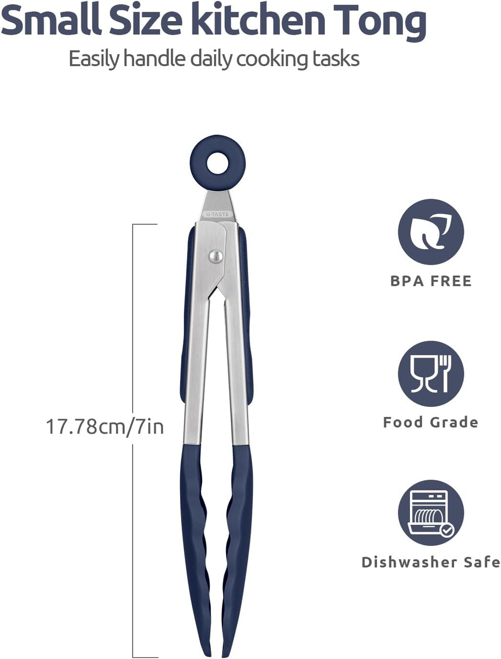 600ºF Heat Proof Kitchen Tong: U-Taste 7" Silicone Cooking Tong with Firm Sealed Non Stick Rubber Tips & Silicon Coated 18/8 Stainless Steel Handle & Smooth Locking for Serving Salad (Midnight Blue)