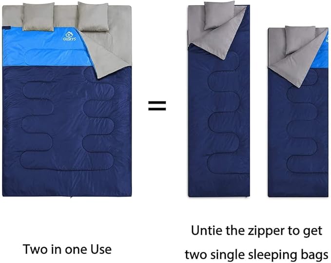 oaskys Double Sleeping Bag for Adults with 2 Pillows - Queen Size XL Waterproof Sleeping Bag for All Season Camping Hiking Backpacking 2 Person Sleeping Bags for Cold Weather & Warm