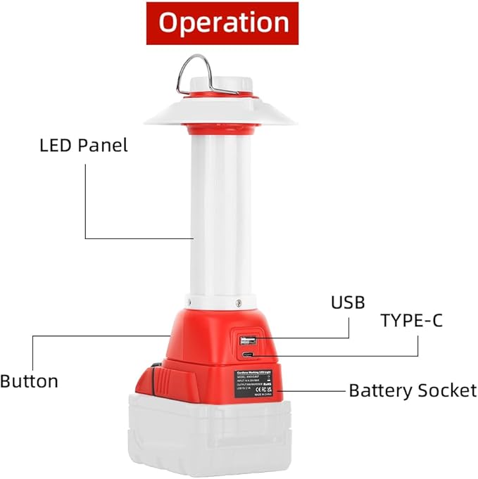 8W 800LM Lantern for Milwaukee 18V M18 Li-Ion Outdoor Portable Camping Lantern with Hook, USB & Type-C Output, Emergency Light, Perfect for Camping, Hiking, and Outdoor Activities(Tool Only)