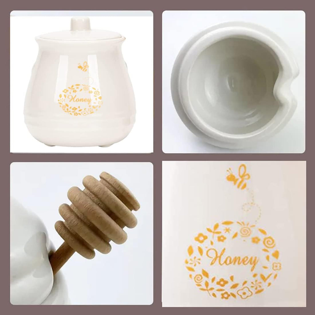 Ceramic Honey Jar with Wooden Honey Dipper-Honey Pot with Dipper- Honey Jar with Stand, Great Bee Decor- Farmhouse Kitchen Decor (Honey Jar-White)