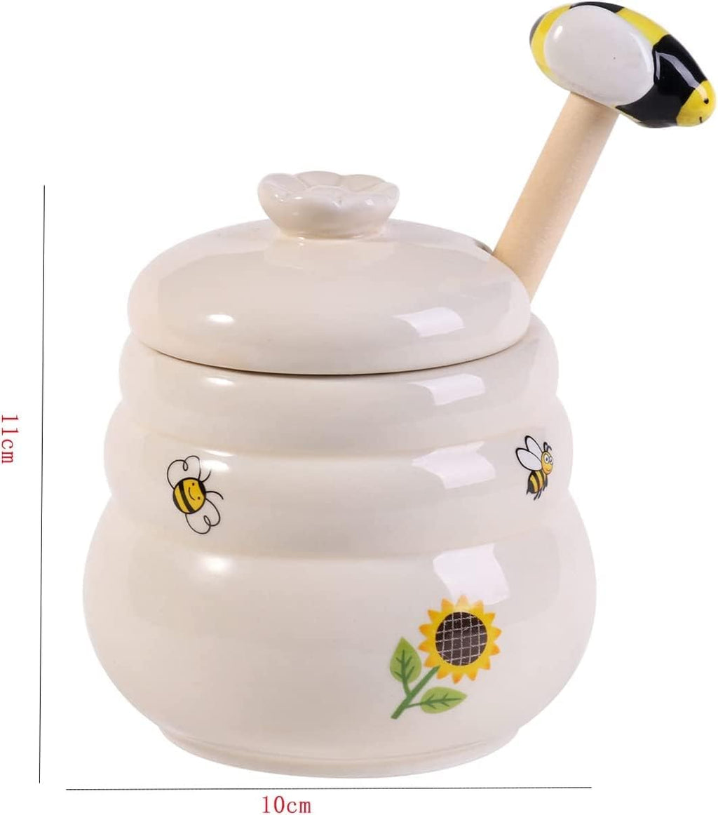 Ceramic Honey Jar with Wooden Honey Dipper-Honey Pot with Dipper- Honey Jar with Stand, Great Bee Decor- Farmhouse Kitchen Decoration (Honey Jar-Bee)
