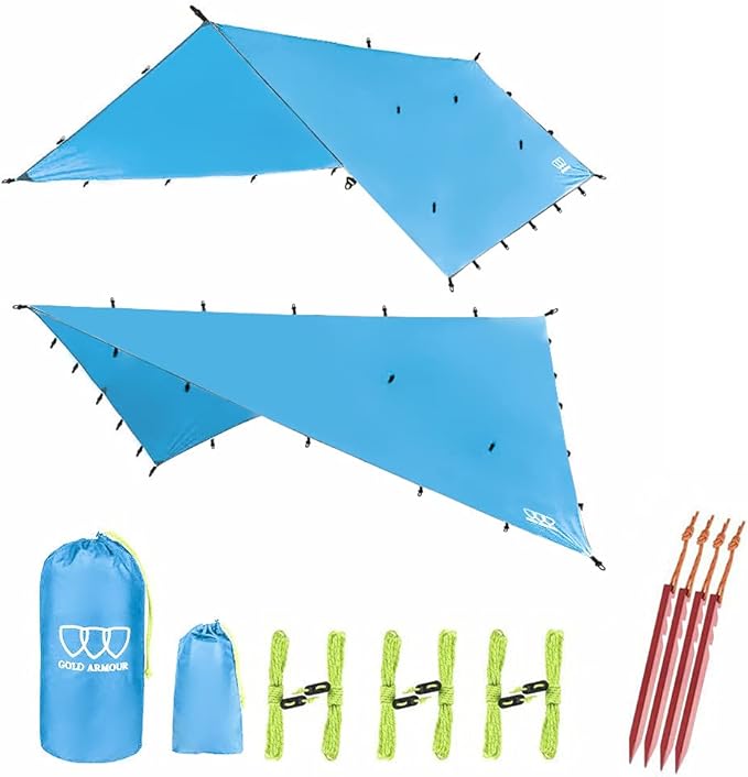 Gold Armour Rainfly Tarp Hammock, Premium 14.7ft/12ft/10ft/8ft Rain Fly Cover, Waterproof Ultralight Camping Shelter Canopy, Survival Equipment Gear Camping Tent Accessories (Sky Blue 14.7ft x 12ft)