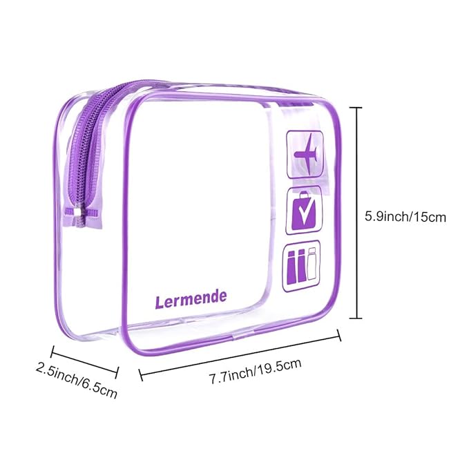 Lermende 2pcs Clear Toiletry Bag TSA Approved Travel Bag,Carry On for Travel,Airport Airline Accessories Compliant Bag,Quart Sized Makeup Cosmetic bag Women Men (Purple, 3 Pack)