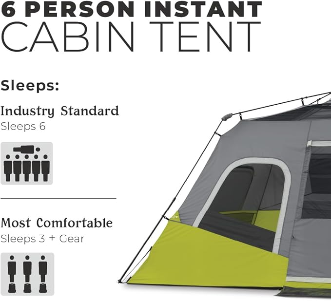 CORE Instant Cabin Tents | 6 Person / 9 Person / 10 Person / 12 Person Family Cabin Multi Room Pop Up Tents Car Camping | Included Storage Pockets for Camping Accessories