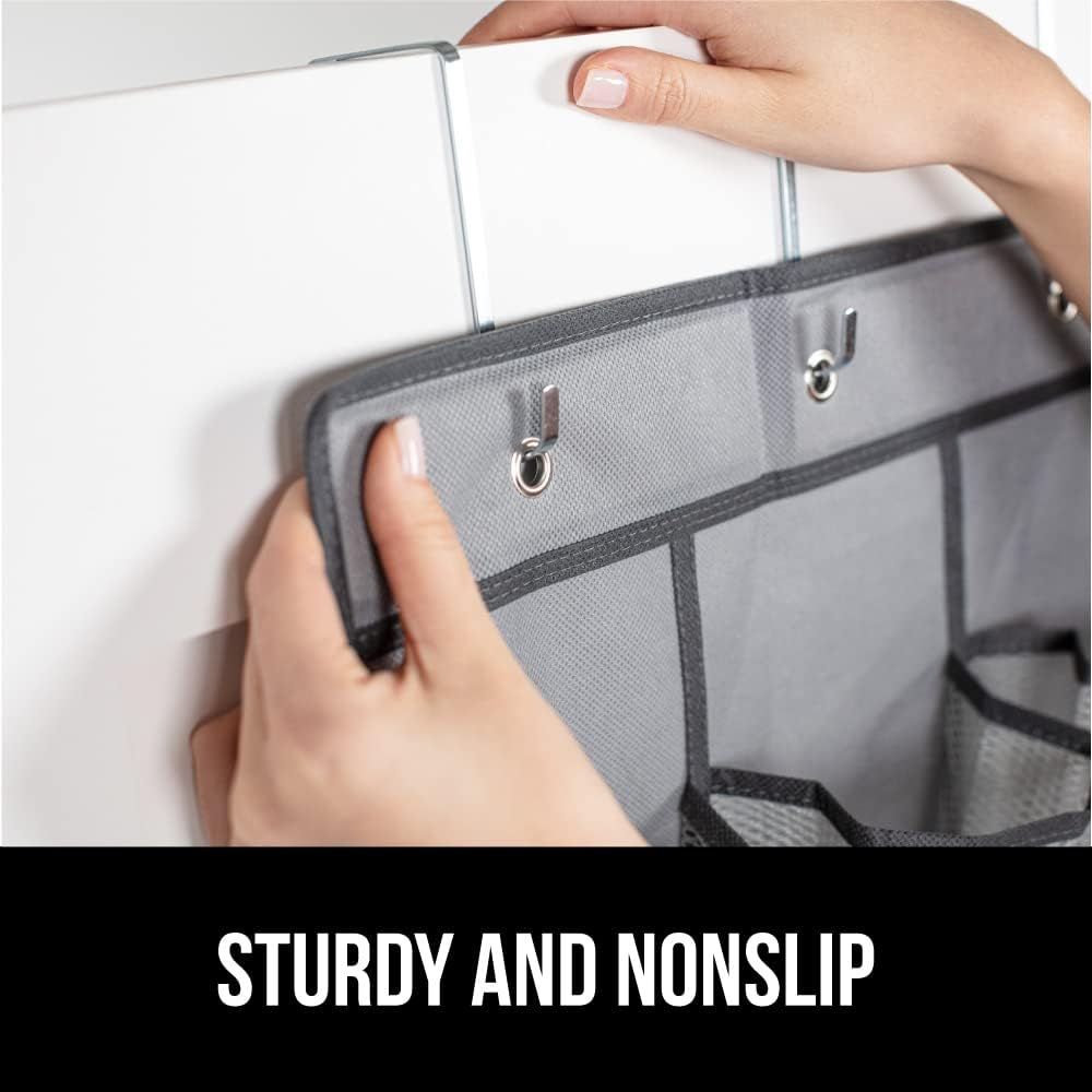 GORILLA GRIP Over the Door Shoe Organizer, 24 Extra Large Breathable Mesh Pockets, Space Saving Hanging Storage Holder, 4 Hook Closet Rack Hanger, Hangs on Closets for Shoes and Accessories, Gray