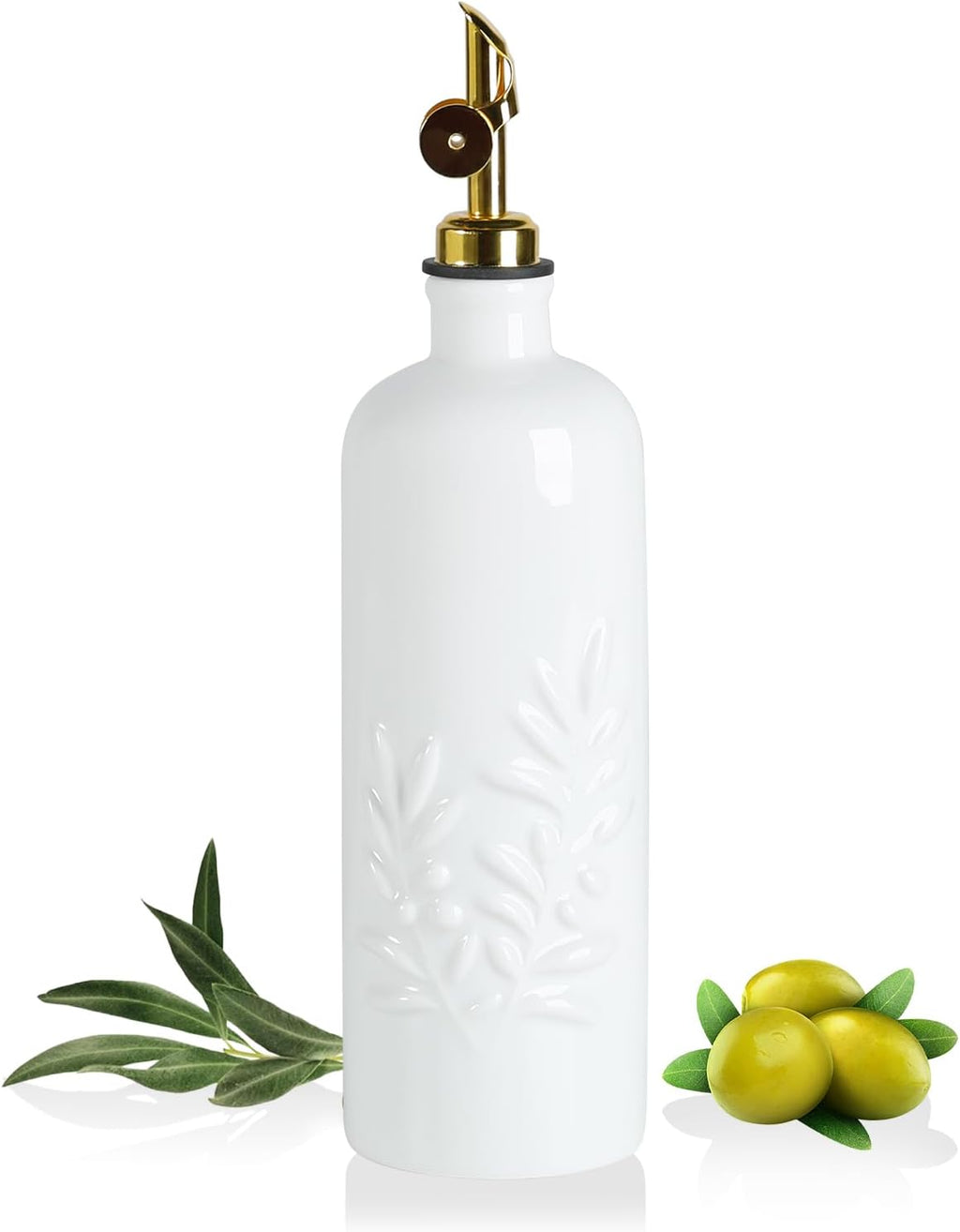 Sweejar 18 Oz Oil Dispenser for Kitchen with Gravity Spout, Ceramic Olive Oil Dispenser Bottle, Relief Opaque Vinegar Container for Evoo, Vinegar, Soy Sauce, Pack of 1(White, Gold Spout)