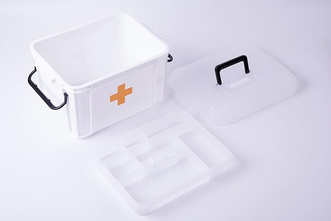 White Large Empty Medical Box for Home Emergency Supplies, Travel, Car, and Dorms – Compact First Aid Box with Handle, Detachable Tray and Locking Lid – Medical Organizer and First Aid Kit Storage