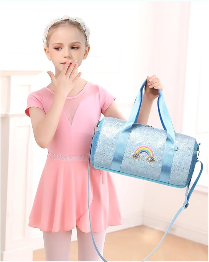 Dance Bag for Girls Rainbow Ballet Bag Shiny Glitter Ballerina Duffle Bag for Girls Crossbody Gym Duffle Bag with Waterproof Wet Pocket