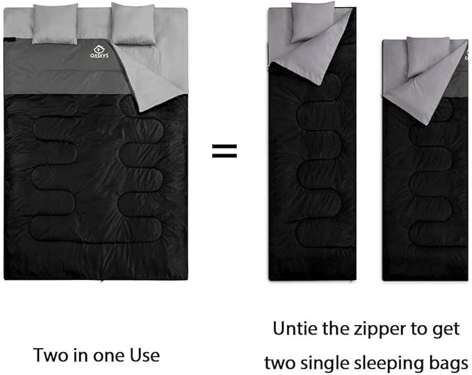 oaskys Double Sleeping Bag for Adults with 2 Pillows - Queen Size XL Waterproof Sleeping Bag for All Season Camping Hiking Backpacking 2 Person Sleeping Bags for Cold Weather & Warm