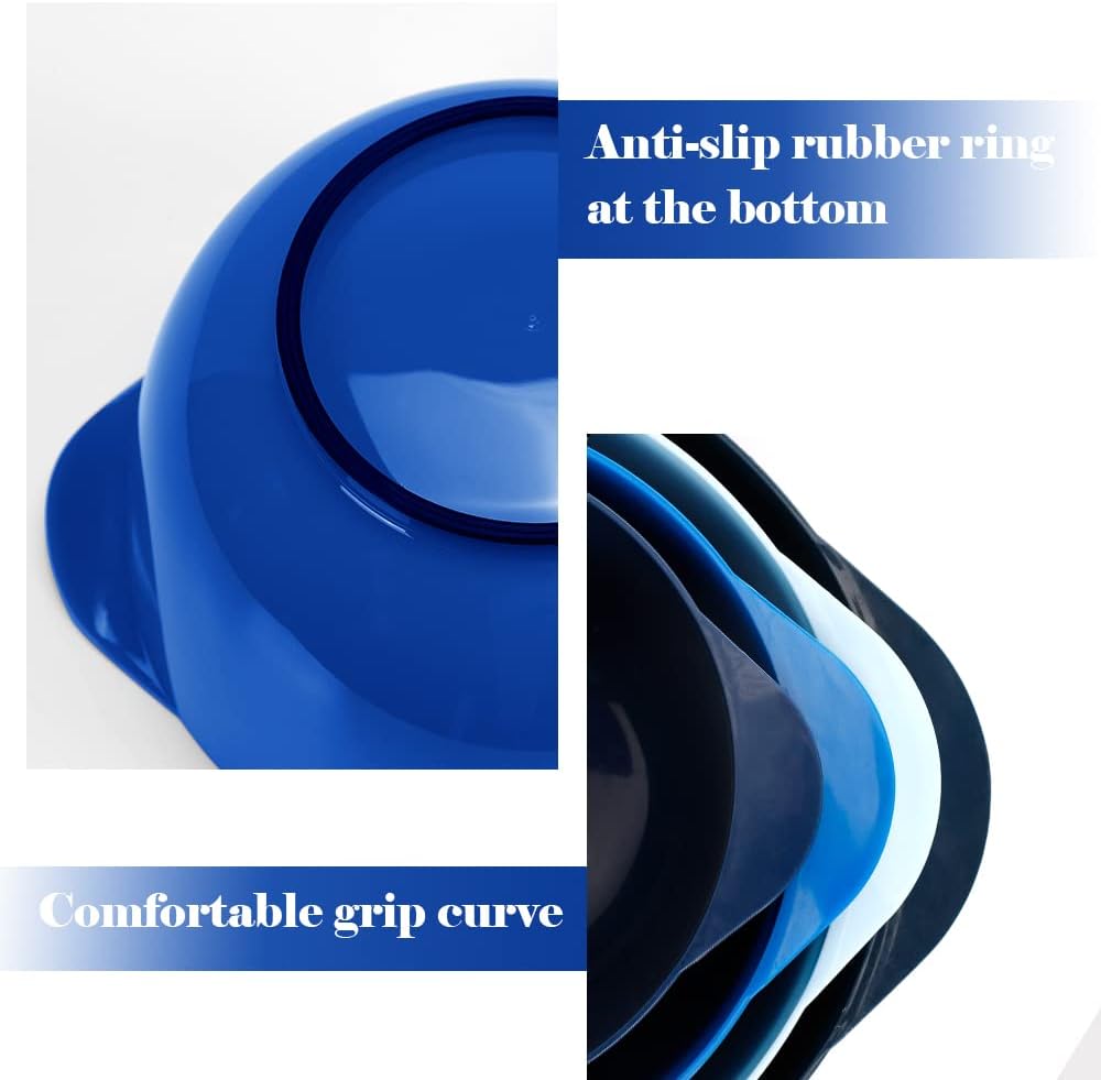 BoxedHome Nesting Plastic Mixing Bowl Set With Pour Spout, Microwave and Dishwasher Safe, BPA free Non-Slip Base, Set of 4 Size 1.7, 2.5, 3.5 and 4.5qt, Great for Prepping, Baking, Cooking (Dark Blue)