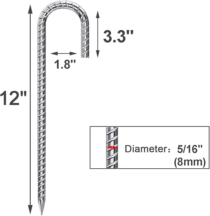 Rebar Stakes 12 Inch 6 Pack Tent Stakes Heavy Duty Metal J Hook, for Trampoline, Fence, Camping Tent (6, J-12 x5/16 Silver)
