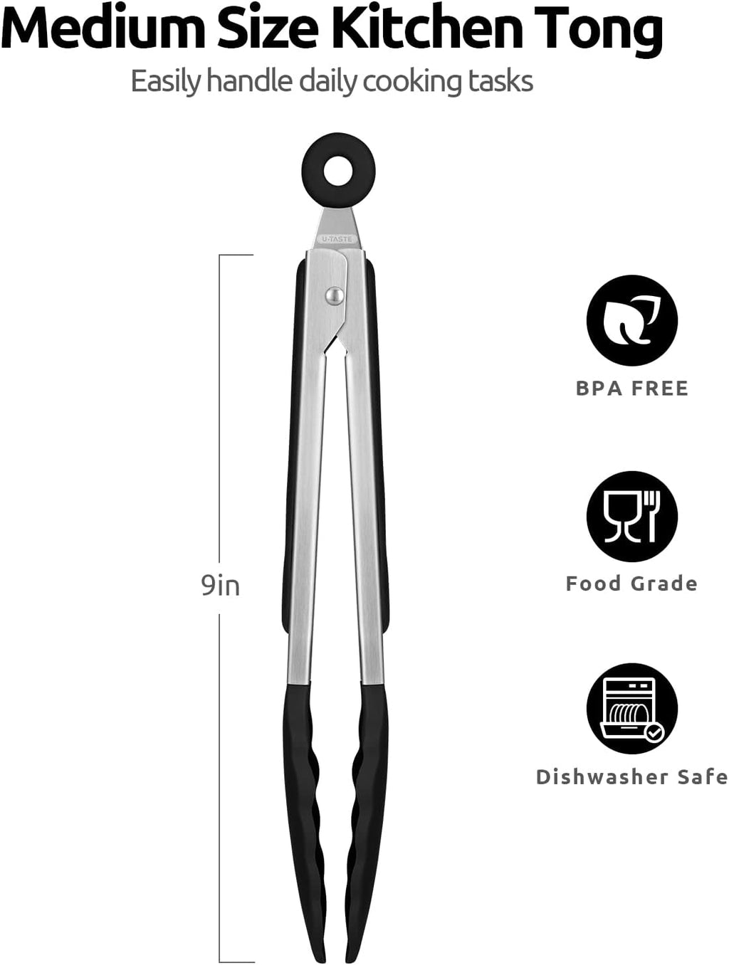 Heat Resistant Silicone Kitchen Tong: U-Taste 9 inch 480ºF Hot Proof Cooking Tong with Firm Sealed Non Stick Rubber Tips & Silicon Coated Steel Handle & Smooth Locking for Serving Grill Salad (Black)