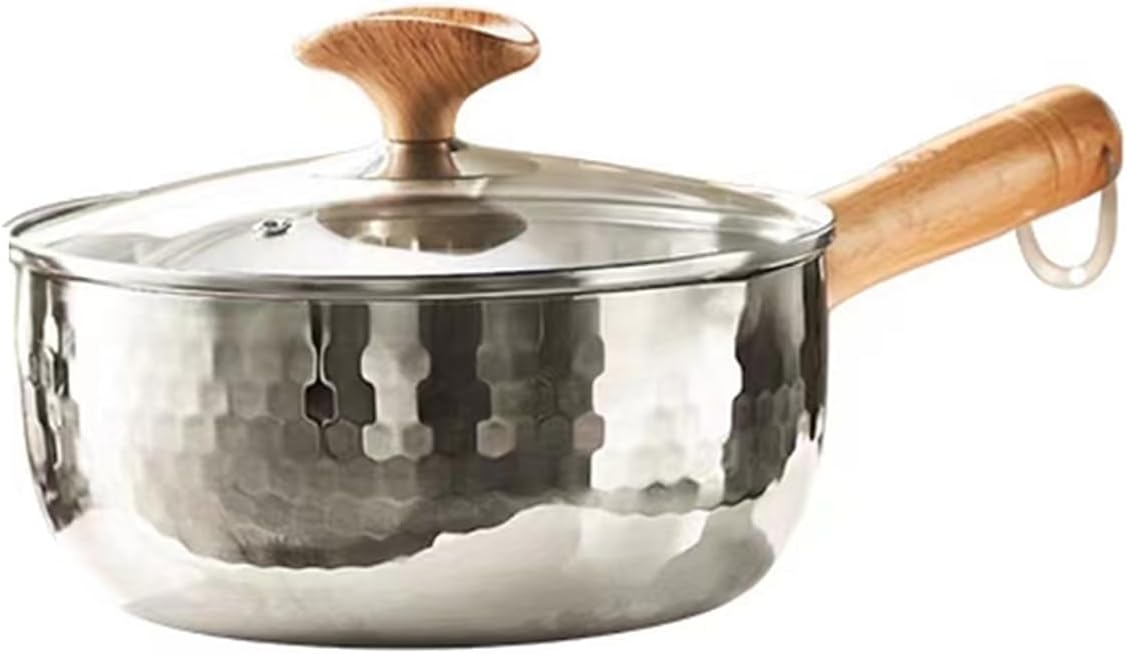 2.2 Quart Silver Stainless Steel Sauce Pot with Inverted Mouth, Solid Wood Handle, Hook, Lid, Suitable for Induction, Gas, Electric Stoves