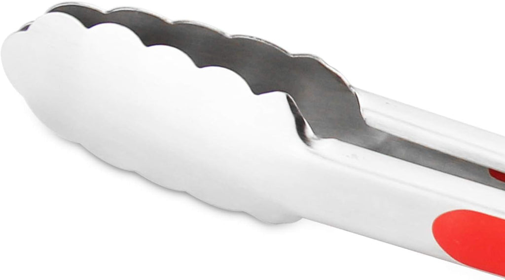 304 Stainless Steel Kitchen Cooking Tongs, 9" and 12" Set of 2 Sturdy Grilling Barbeque Brushed Locking Food Tongs with Ergonomic Grip, Red