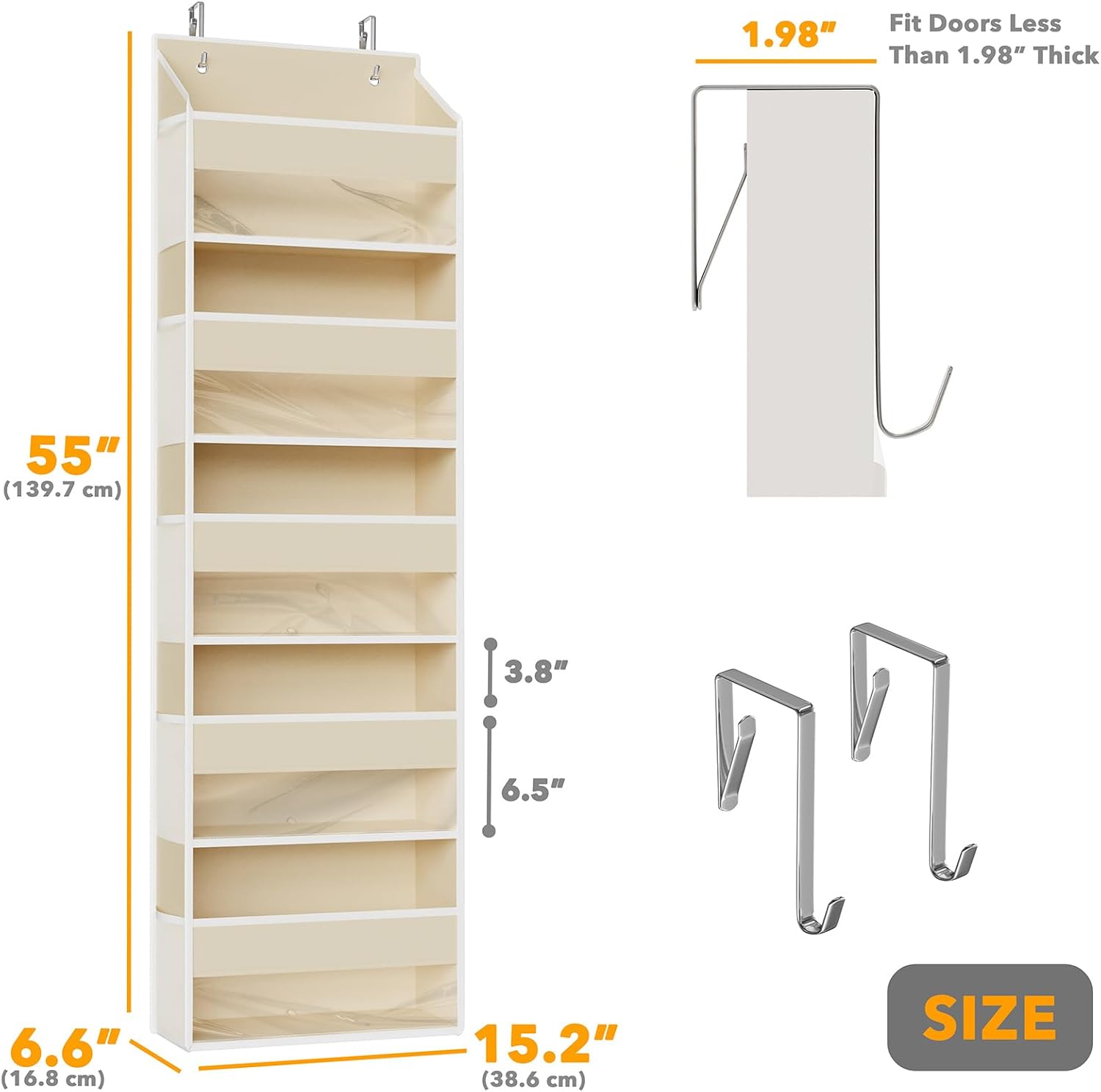 SpaceAid 1 Pack Over The Door Organizer with 5 Large Pockets and 10 Mesh Side Pockets, 5 Layers Door Organizer Hanging with Clear Window for Bedroom, Bathroom, Pantry and Nursery, Beige