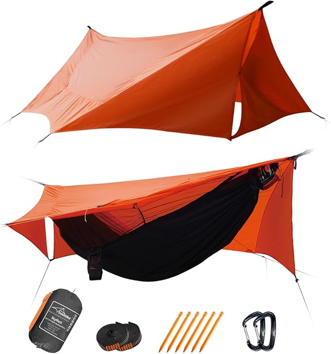 SkyNest 11ft Hammock with Net and Rain Fly Tarp, 4 in 1 Camping Hammock Tent, Ultralight Portable Double-Layer Hammock with Ridge Rope for Camping, Hiking and Backpacking