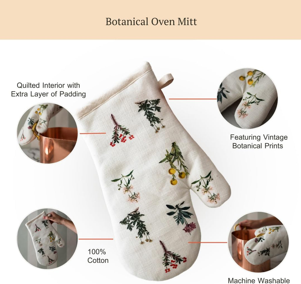 Elegant Vintage Oven Mitt - Heat Resistant Oven Glove with Botanical Print - Perfect for BBQ, Baking, Cooking and Grilling
