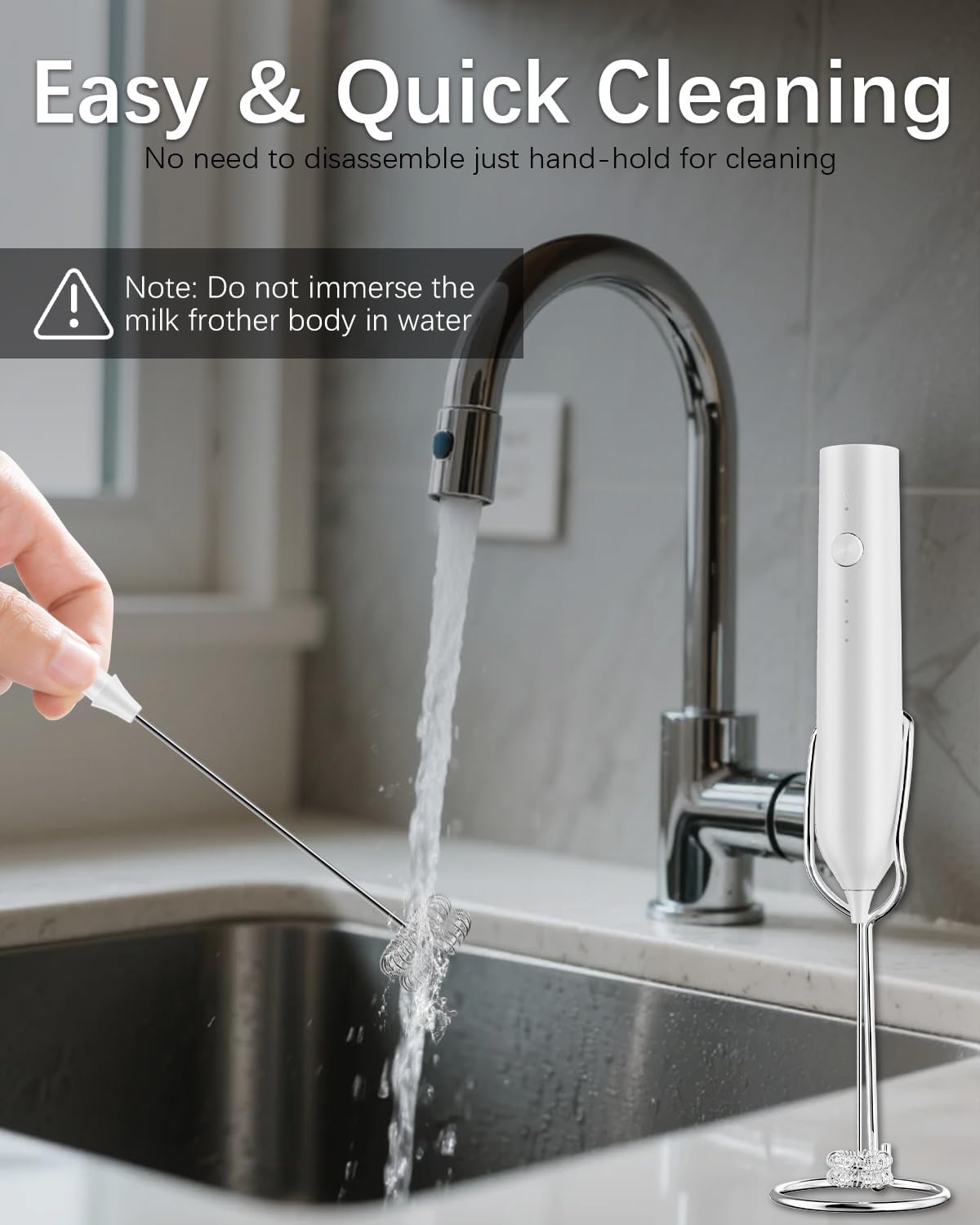 Rechargeable Milk Frother with Stand, Electric Frother Wand Handheld Coffee Foam Maker Detachable Stainless Steel Whisk Drink Mixer Foamer for Latte, Cappuccino, Hot Chocolate, Egg (White)