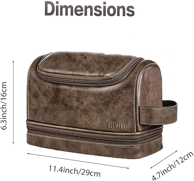 Elviros Toiletry Bag for Mens PU Leather Travel Organizer Kit with Hanging hook, Large Water-resistant Toiletries Bathroom Shaving Bags (Coffee)