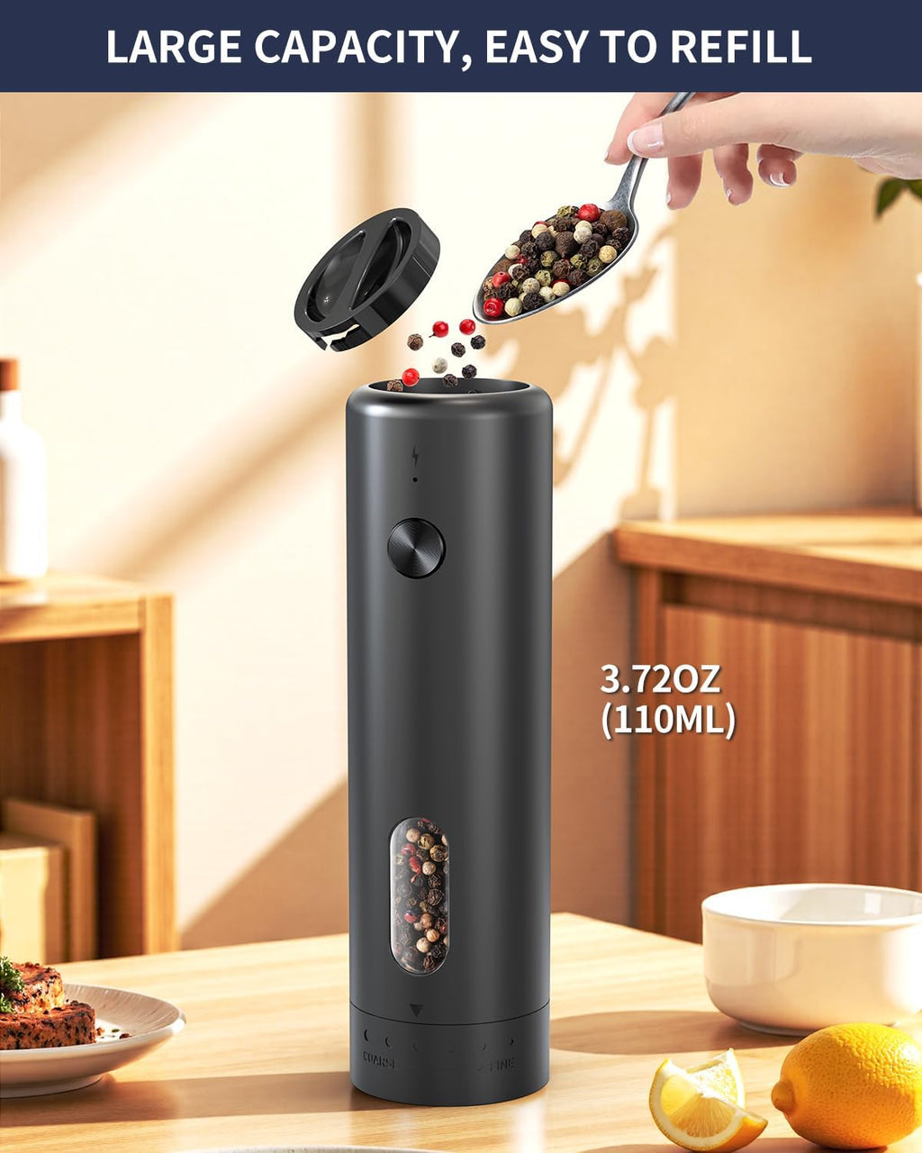 CIRCLE JOY Rechargeable Electric Salt and Pepper Grinder Set with Charging Base, Automatic Pepper Mills with 110ml Container, External Adjustable Coarseness, White Led Light, Easy to Operate, Black