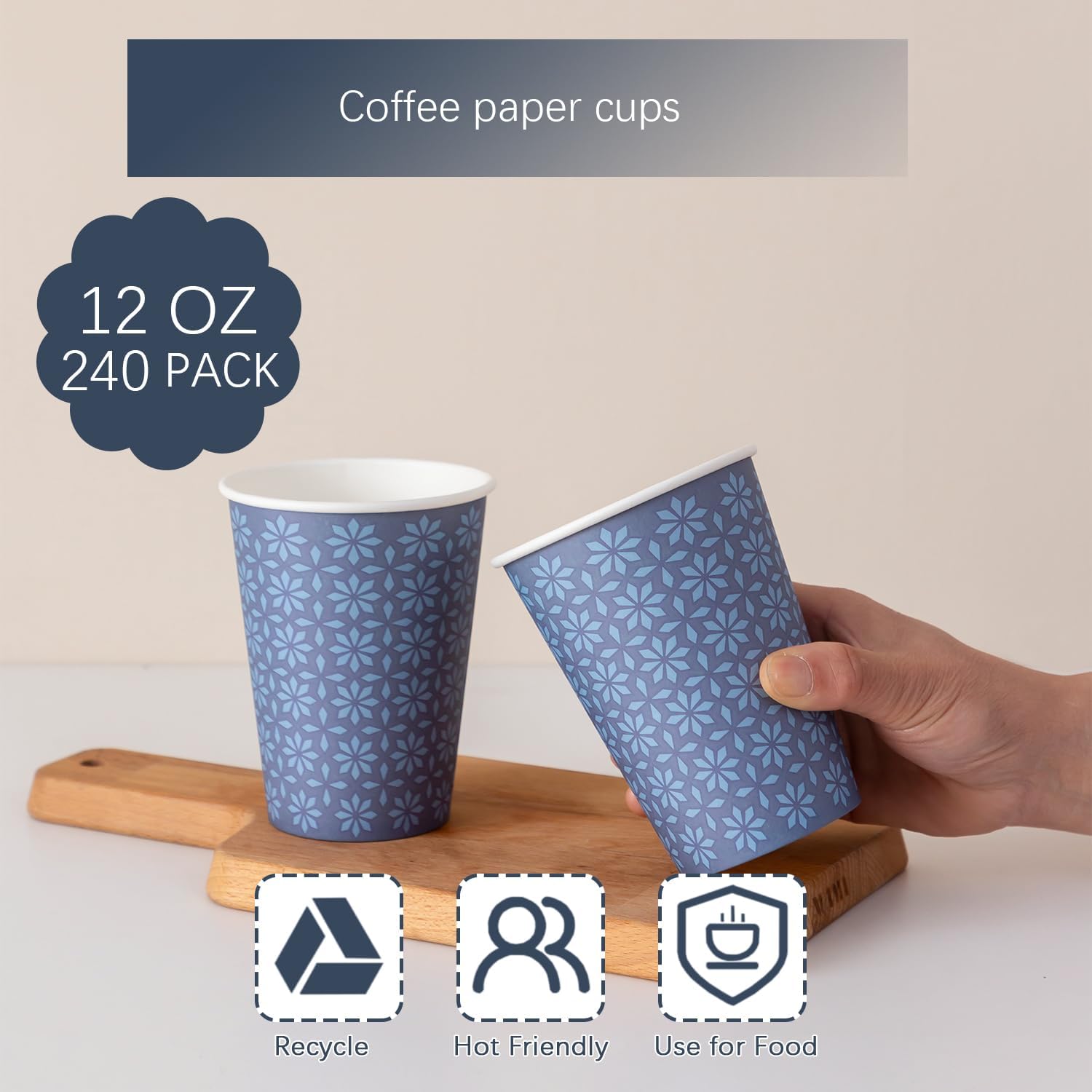 240 Pack 12 oz Disposable Paper Cups, Hot/Cold Beverage Paper Drinking Cups, Navy Floral Paper Coffee Cups 12 oz for Home-use, Office, Restaurant and Events