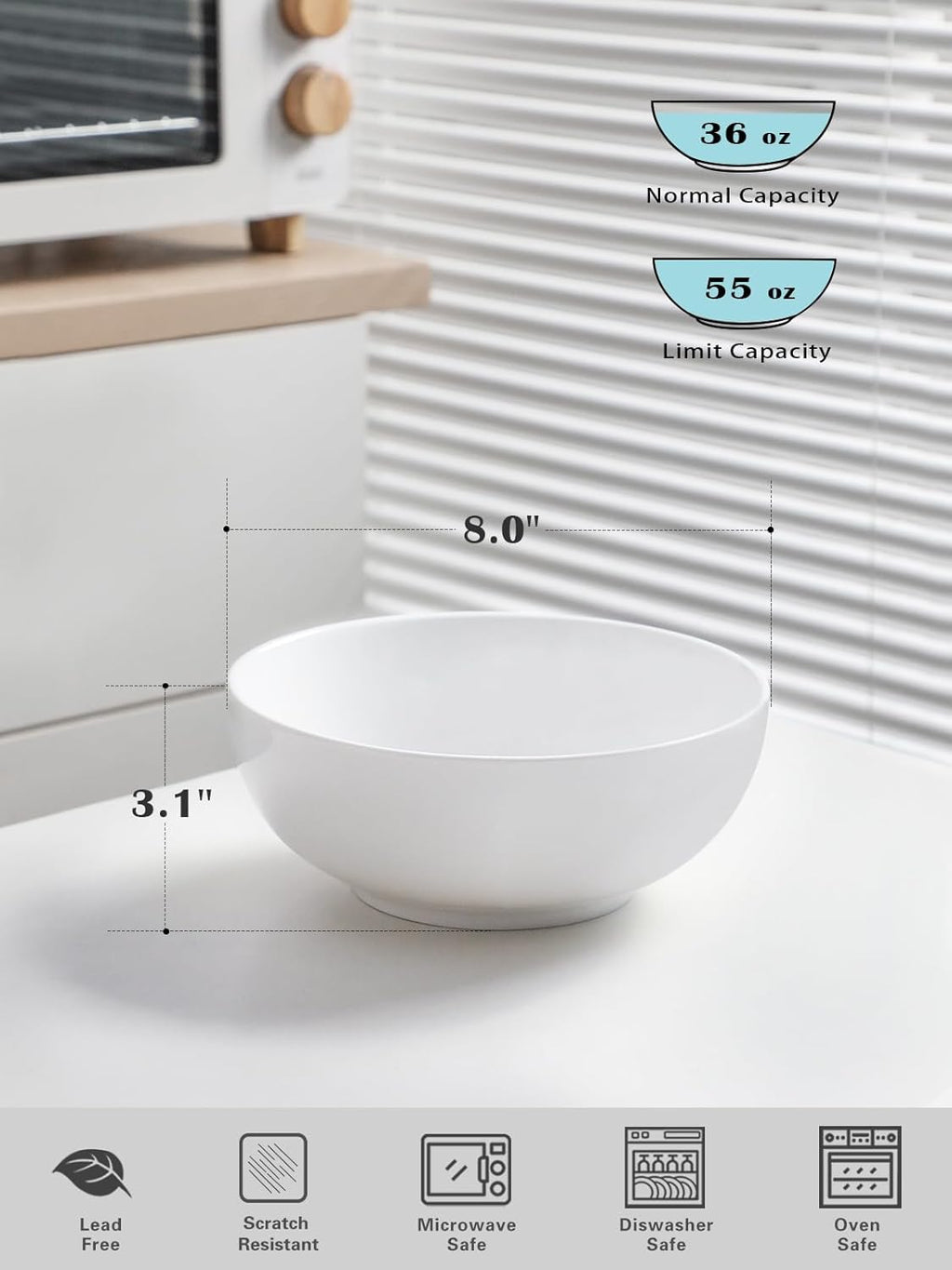 Kanwone Large Serving Bowls - 55 Ounce, Porcelain Salad Bowls, Pasta, Ceramic Soup Bowls, Set of 2, Serving Dishes for Entertaining, Housewarming Gift, Microwave and Dishwasher Safe, White