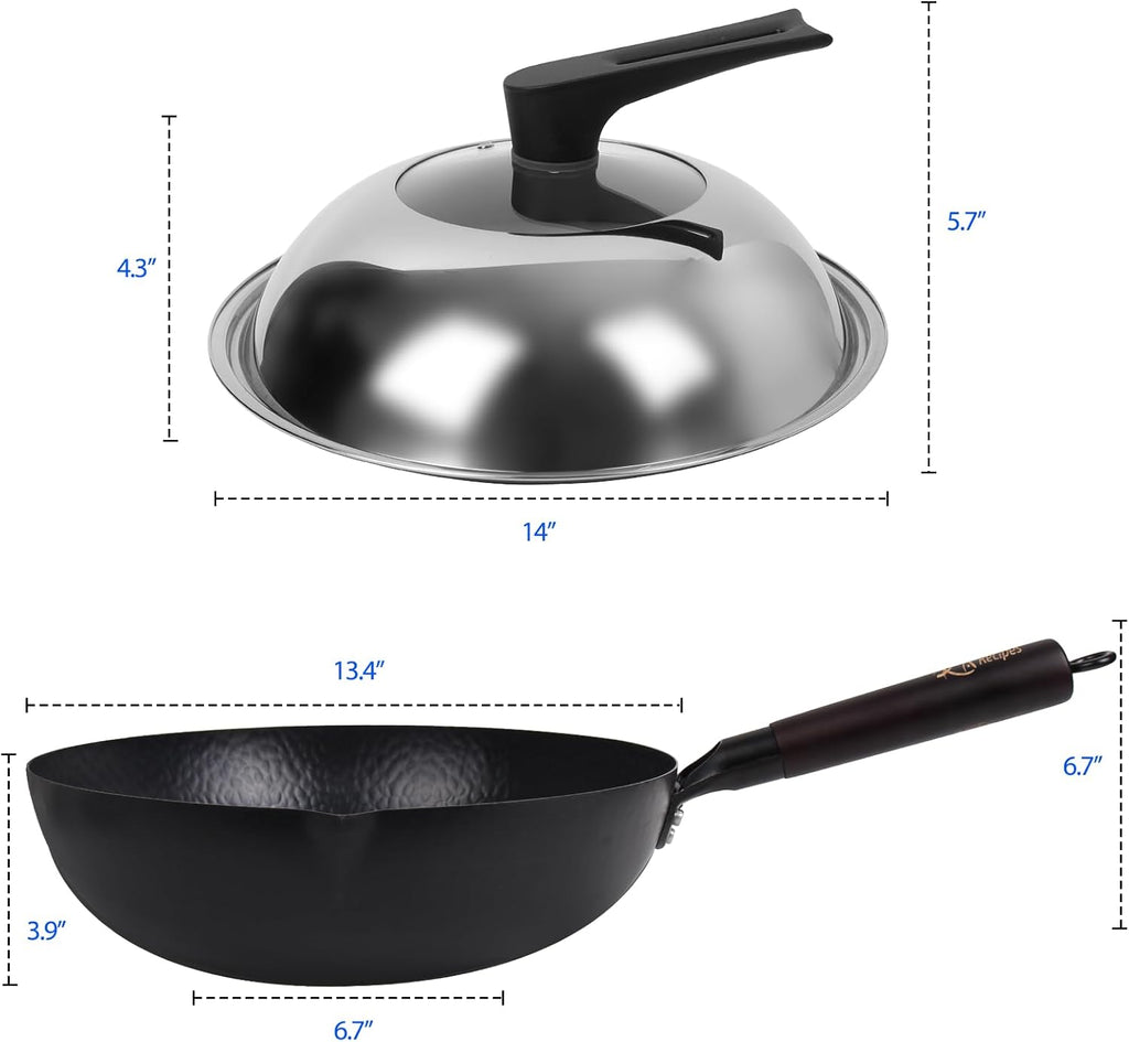 13.4 Inch Carbon Steel Wok For Electric, Induction and Gas Stoves (Lid, Spatula and User Guide Video Included)