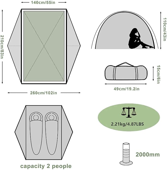 BISINNA 2 Person Camping Tent Lightweight Backpacking Tent Waterproof Windproof Two Doors Easy Setup Double Layer Outdoor Tents for Family Camping Hunting Hiking Mountaineering Travel