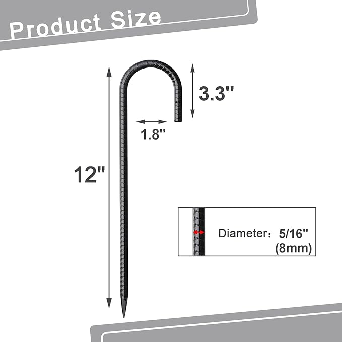 Rebar Stakes 12 Inch 16 Pack Tent Stakes Heavy Duty Metal J Hook, Fence Stakes for Trampoline, Fence, Camping Tent (16, J-12 x5/16 Black)