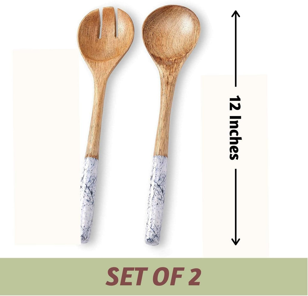 Folkulture Salad Servers or Salad Tongs, Wooden Utensils for Serving Salad, 12-inch Spoon and Fork Set, Mango Wood, Blue Servers