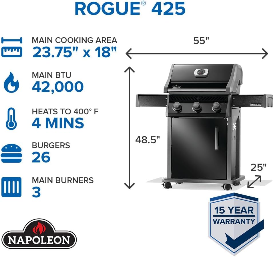 Napoleon Rogue 425 Natural Gas Grill, Black, Durable 3-Burner Outdoor BBQ