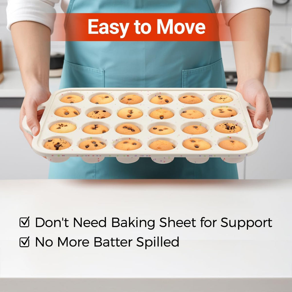 Mini Cupcake Pans, Metal Reinforced Frame Silicone Mini Muffin Pan Nonstick 24 Cups Easy to Handle for Baking Muffins, Cupcakes, Egg Bites 1 Pack