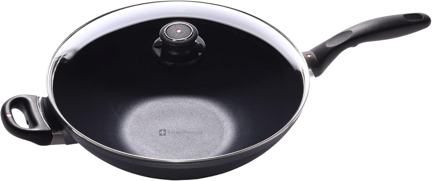 Swiss Diamond 12.5" (5.3 Qt) Wok HD Nonstick Induction Diamond Coated Aluminum Wok, Includes Lid Dishwasher Safe and Oven Safe Wok, Grey