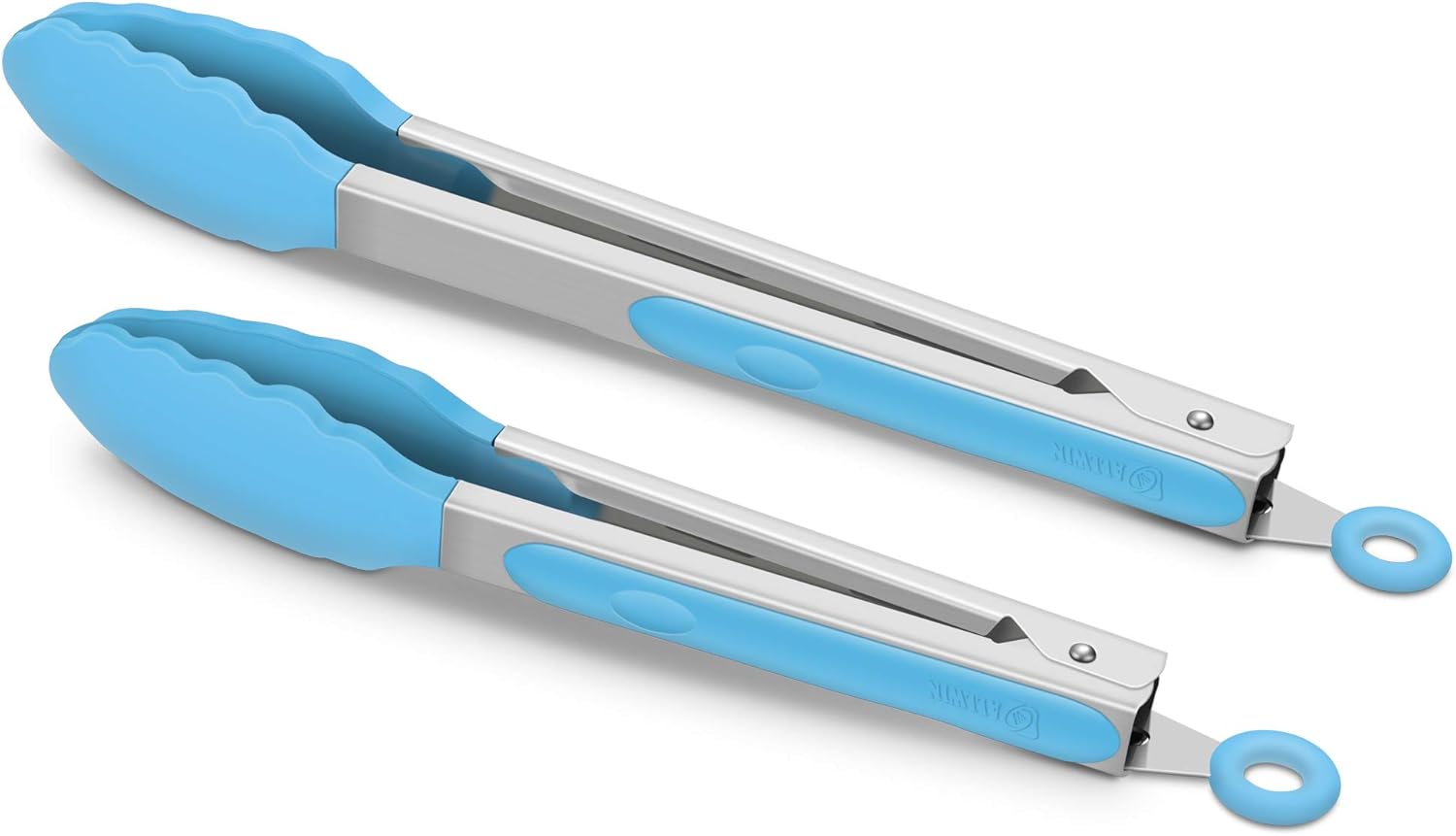 Set of 2 Kitchen Tongs, Premium Stainless Steel Locking 9-Inch & 12-Inch Silicone Grilling Barbeque Cooking Food Tong, Blue